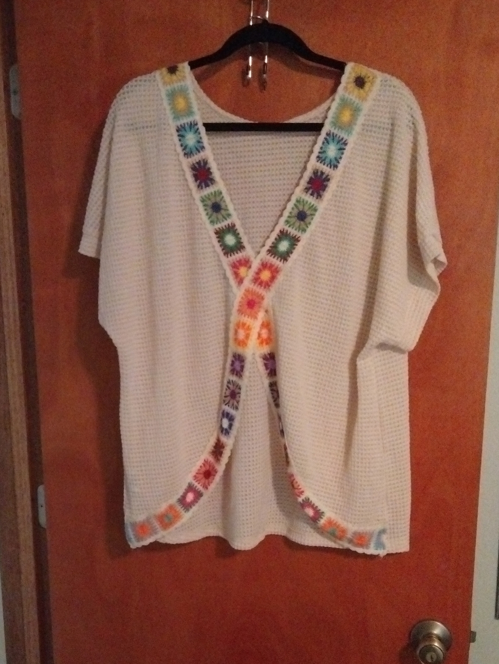 SHEIN Cream Open Crochet-Trim Cardigan with Multicolor Accents